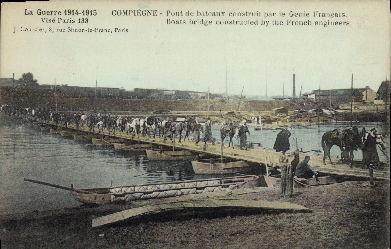 Puente de Compiegne de la POSTAL de la VENDIMIA de los barcos construidos por el genio francés Militaria
