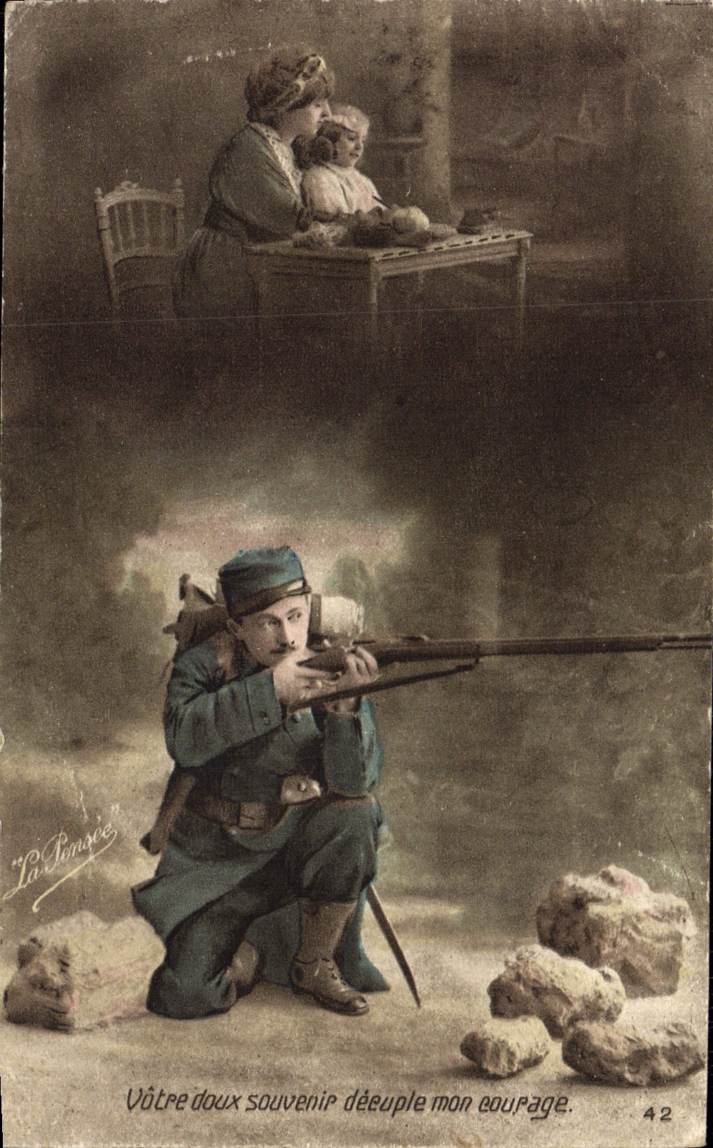 CPA Fantaisie Femme Enfant Soldat Militaria