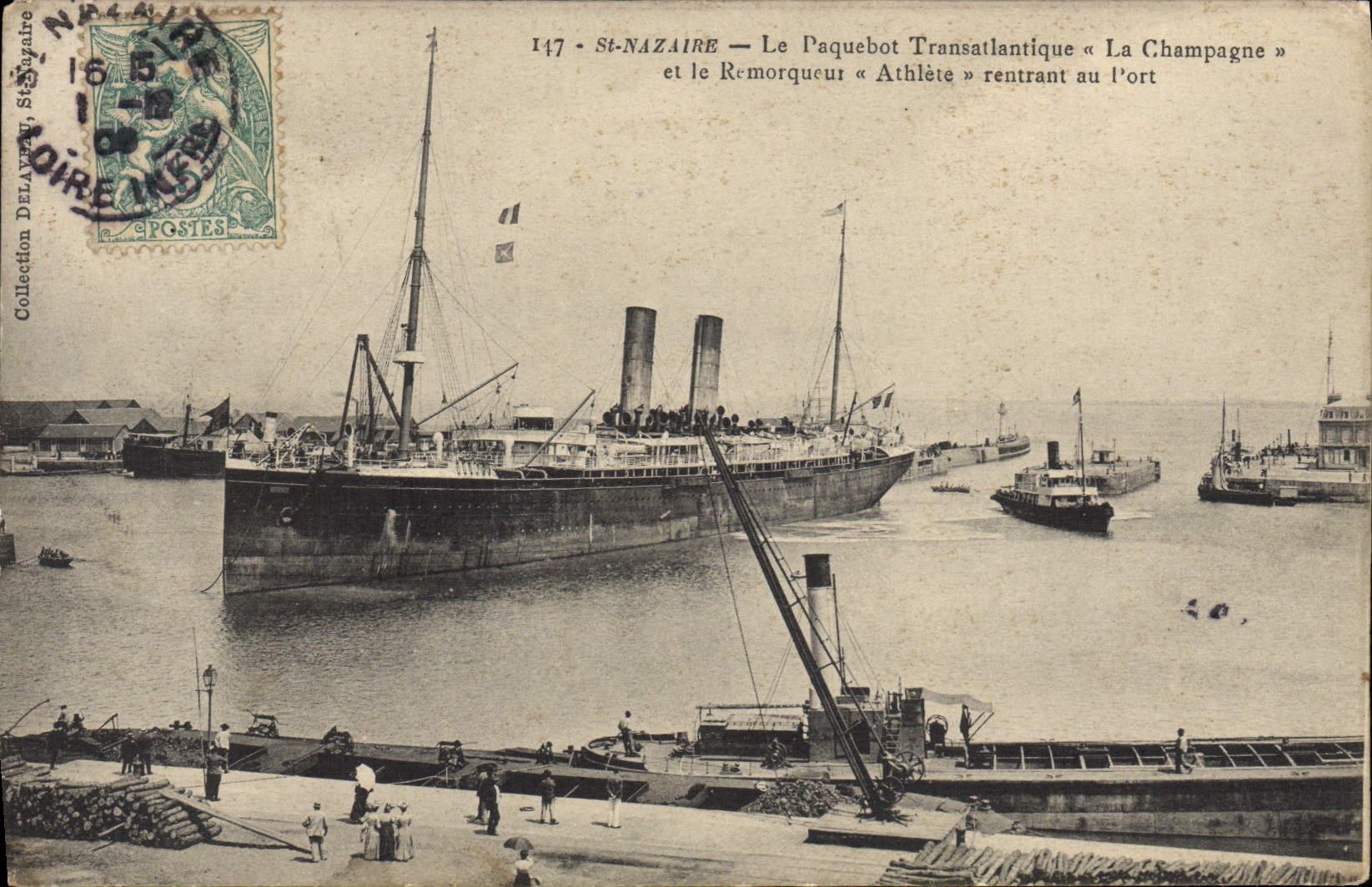 St Nazario de la POSTAL de la VENDIMIA el trazador de líneas transatlántico el Champán y el atleta del barco del tirón que vuelven al barco portuario