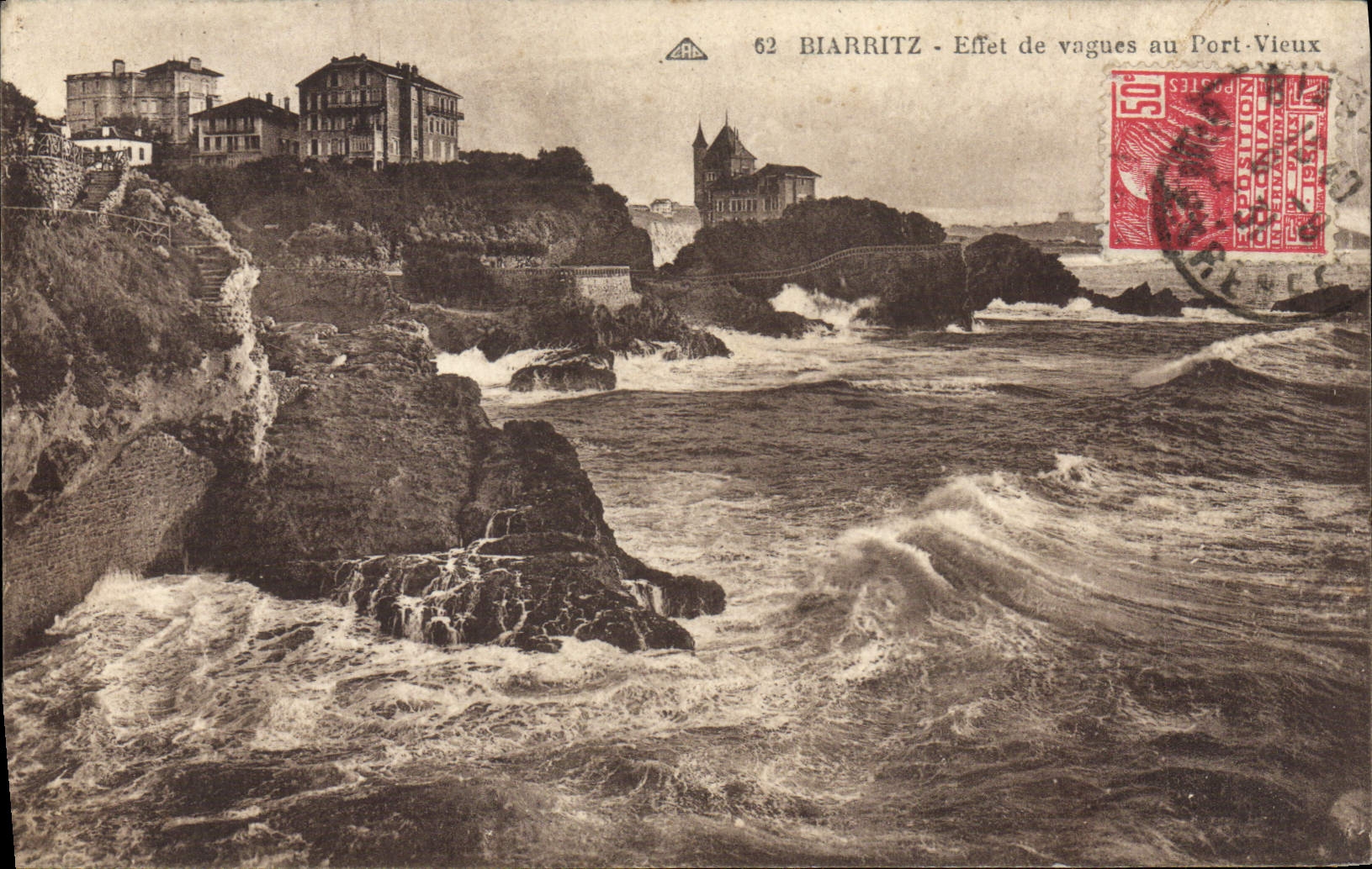 VINTAGE POSTCARD Biarritz Efiet de Vagues with the Old Port