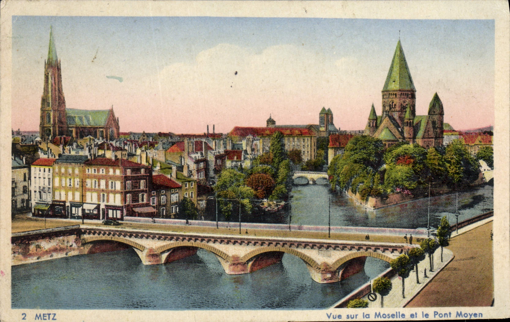 POSTAL Metz de la VENDIMIA vista en el Mosela y el puente medio