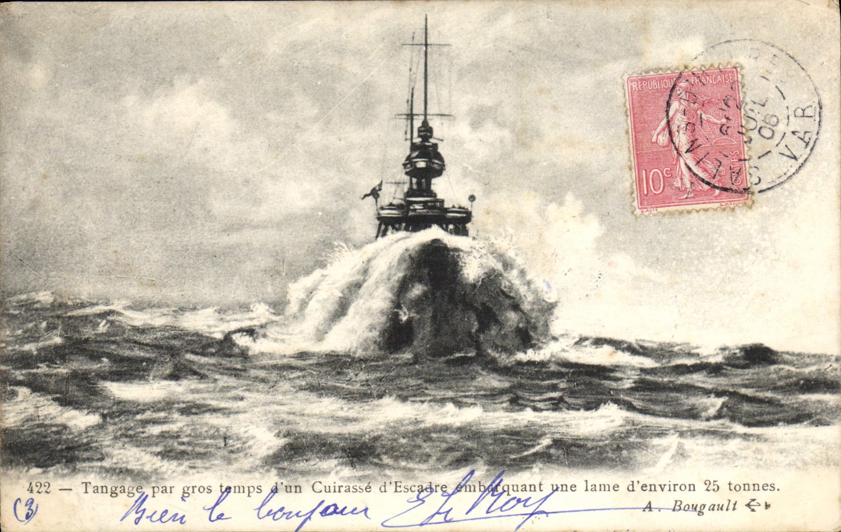 VINTAGE POSTCARD Pitching by heavy weather of an Armor of squadron embarking a blade of approximately 25 tons Boat