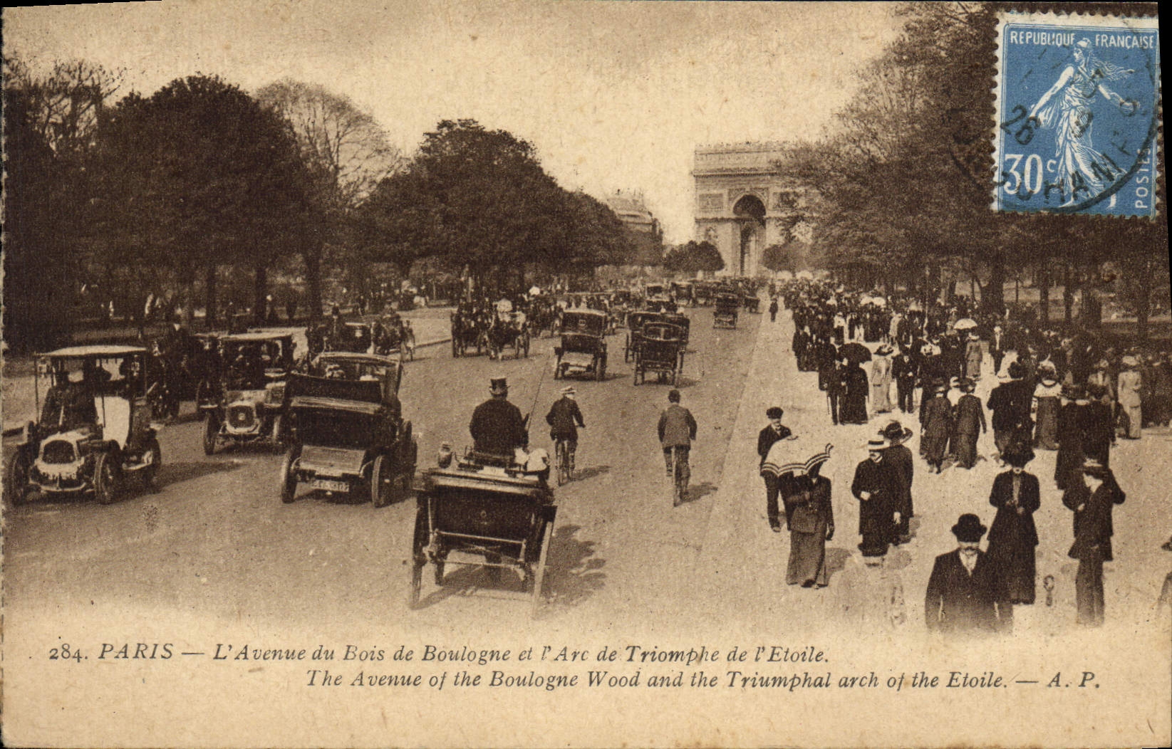 VINTAGE POSTCARD Paris the Avenue of the Bois de Boulogne and Arc de Triomphe of Etoile