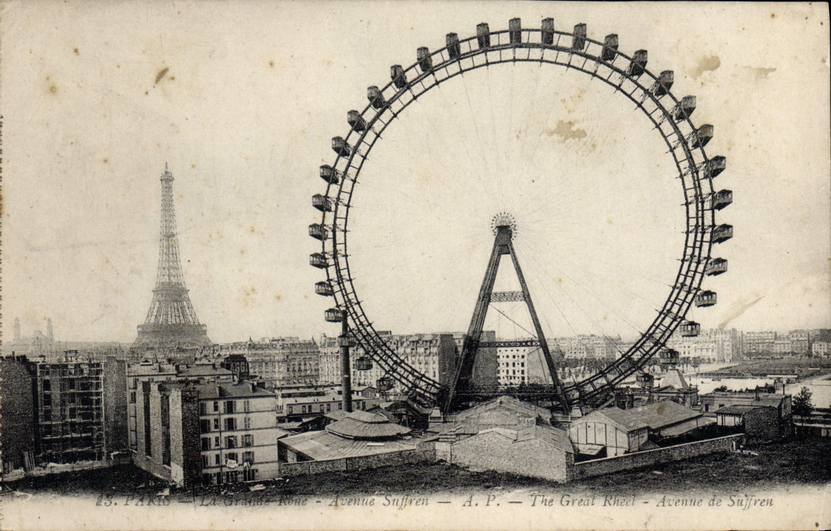 VINTAGE POSTCARD Paris the large wheel Which occurred Suffren Eiffel Tower