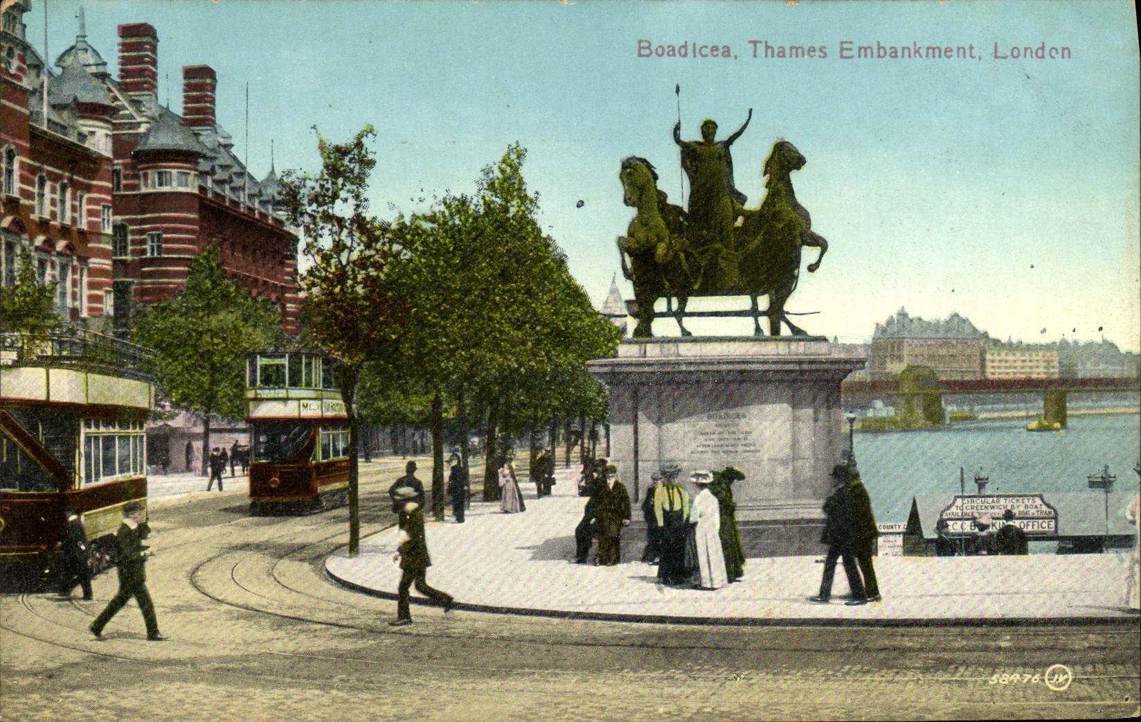 Tranvía de Londres del terraplén de Boadlcea Thames de la POSTAL de la VENDIMIA