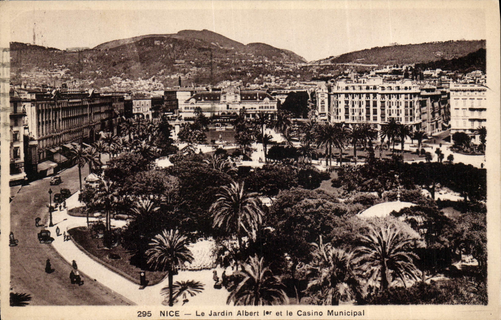VINTAGE POSTCARD Nice the Garden Albert 1st and the Municipal Casino Flame Grand Prix car 1933