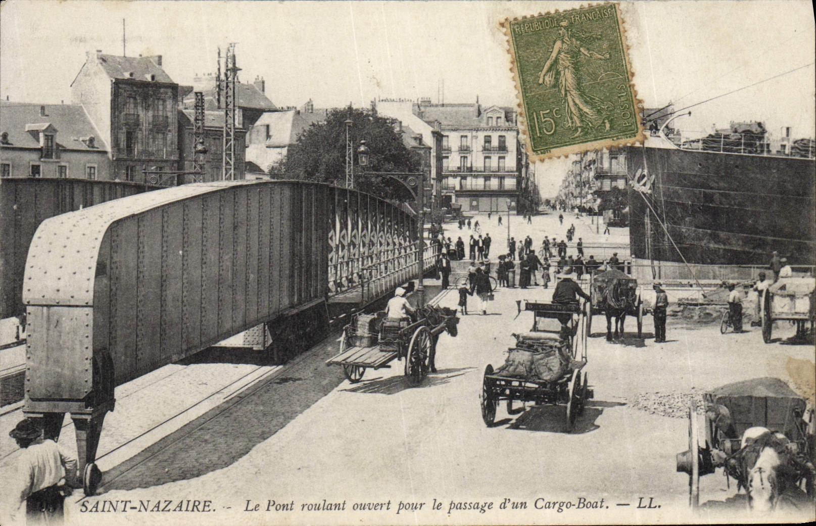 VINTAGE POSTCARD Saint Nazaire the Open Overhead travelling crane For the Passage of a Boat cargo liner