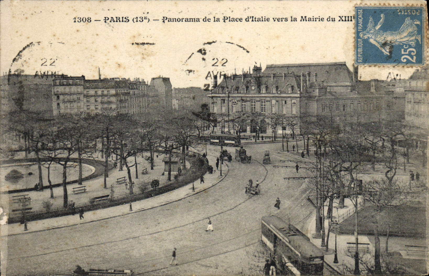 VINTAGE POSTCARD Paris Panorama of the Place of Italy Towards the Town hall of the 13th Tram