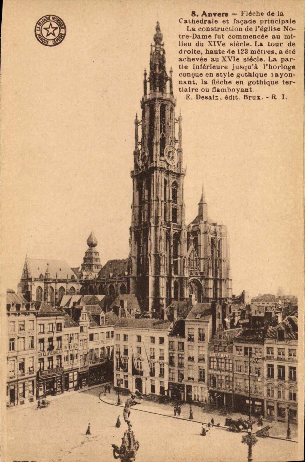 Flecha de Amberes de la POSTAL de la VENDIMIA de la catedral y del ataque frontal principal