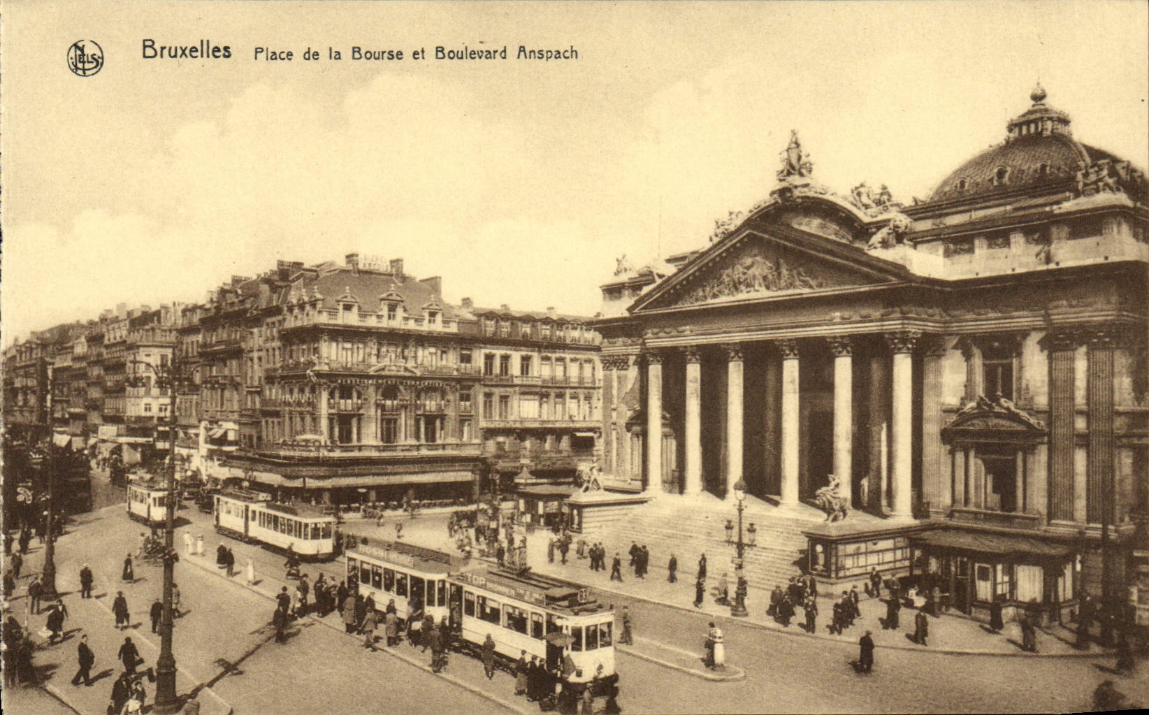VINTAGE POSTCARD Brussels Places Stock Exchange and Boulevard Anspach Tramway