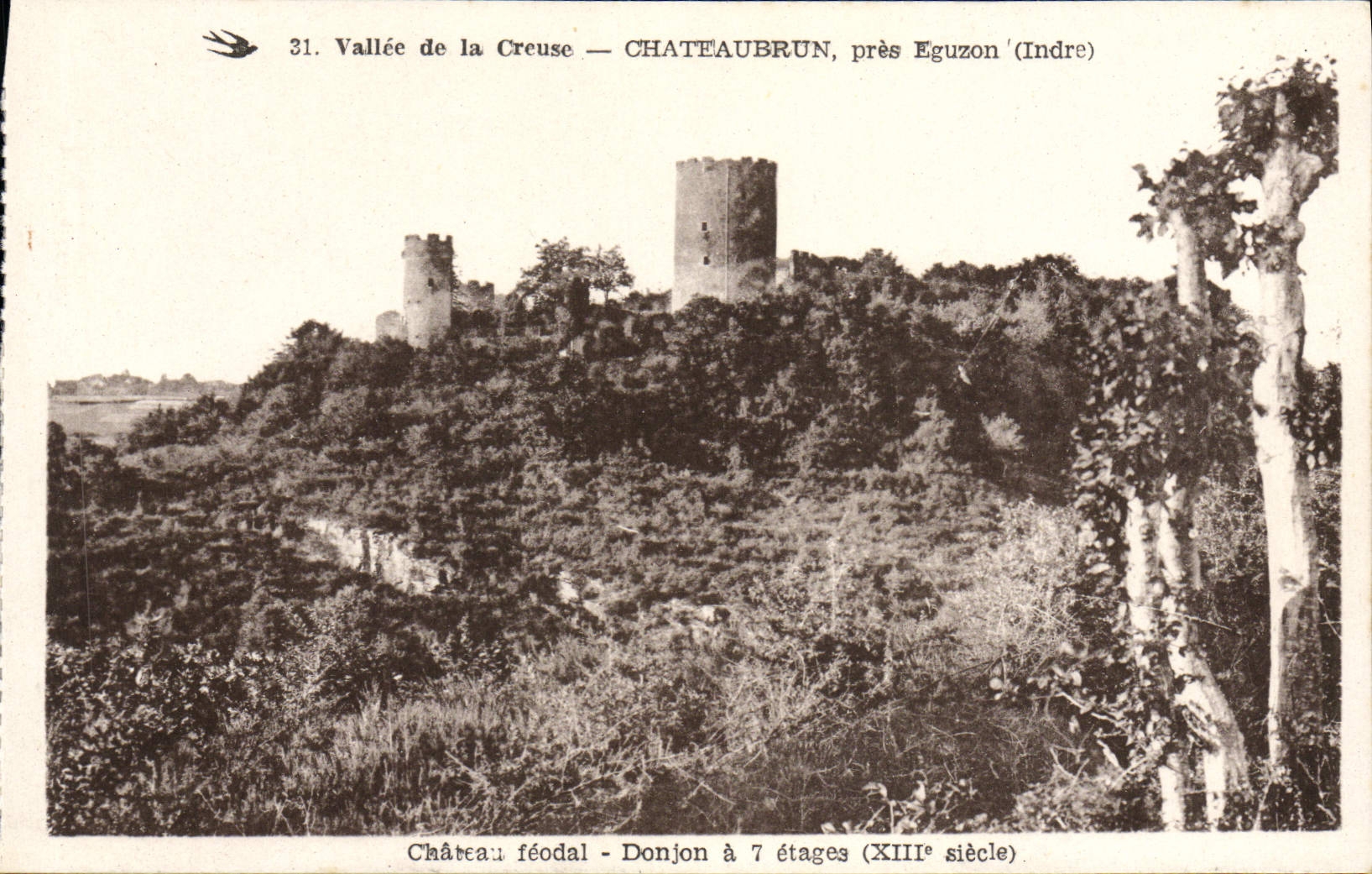 La torre del homenaje feudal cercana del castillo de Chateaubrun Eguzon de la POSTAL de la VENDIMIA tiene 7 etapas