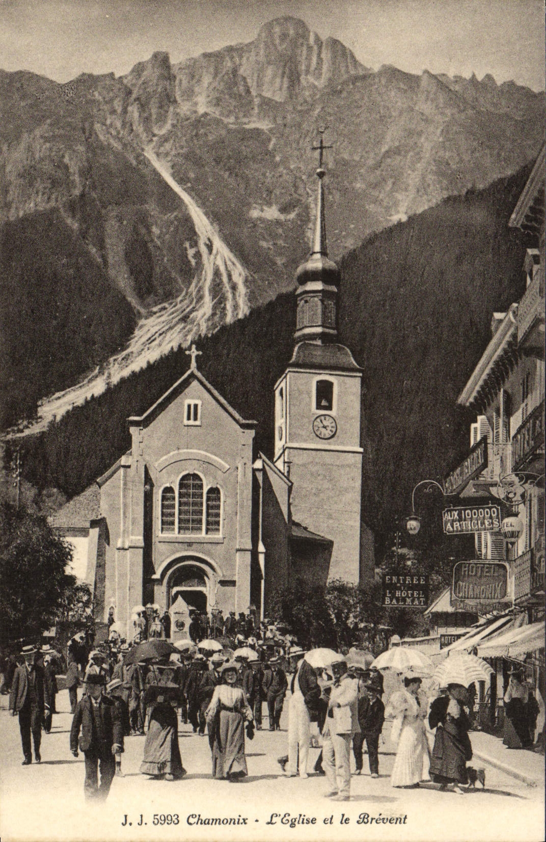 POSTAL Chamonix de la VENDIMIA la iglesia y el Brevent