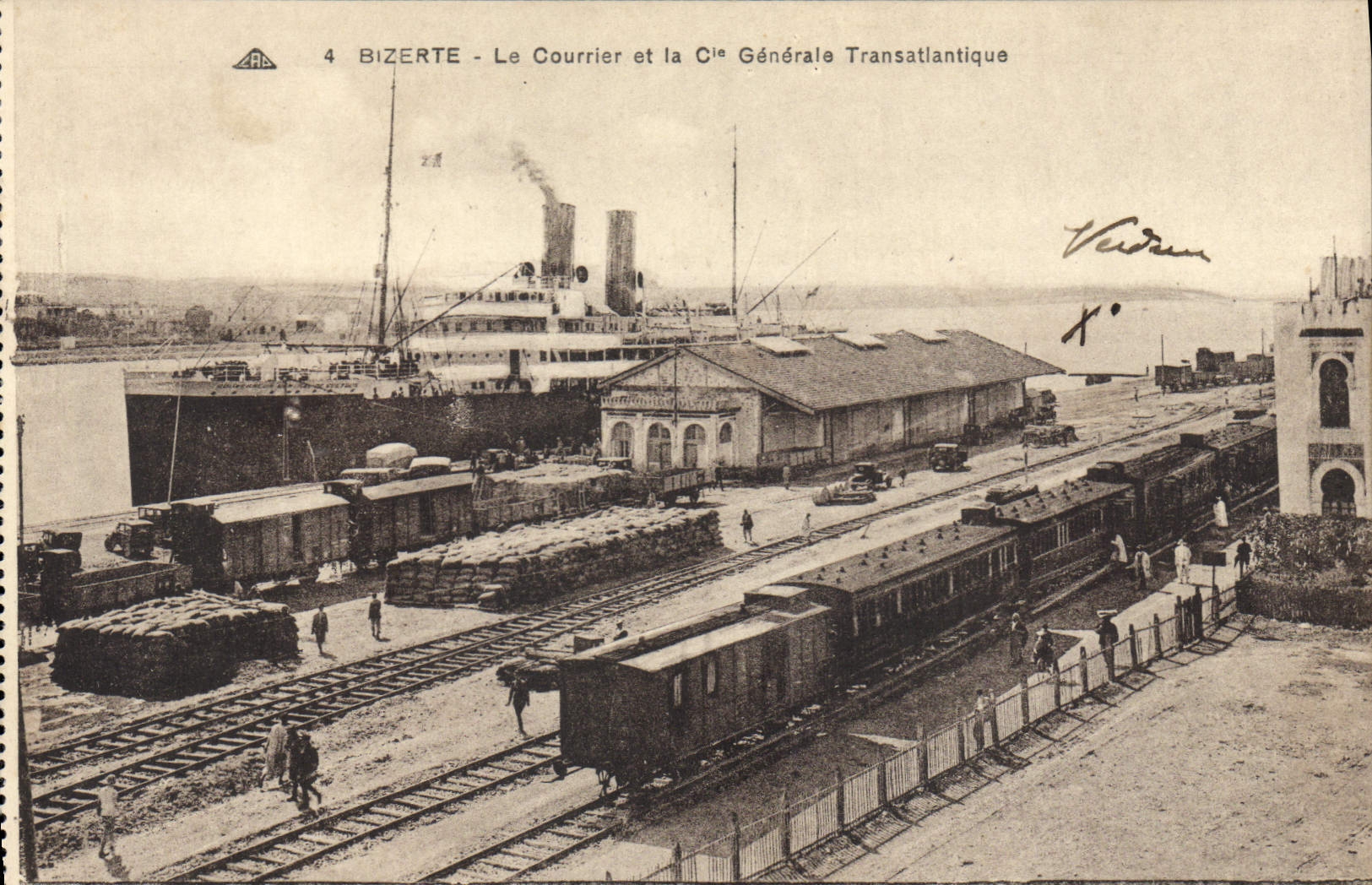 VINTAGE POSTCARD Bizerte Mail And the General Co Transatiantique Boat