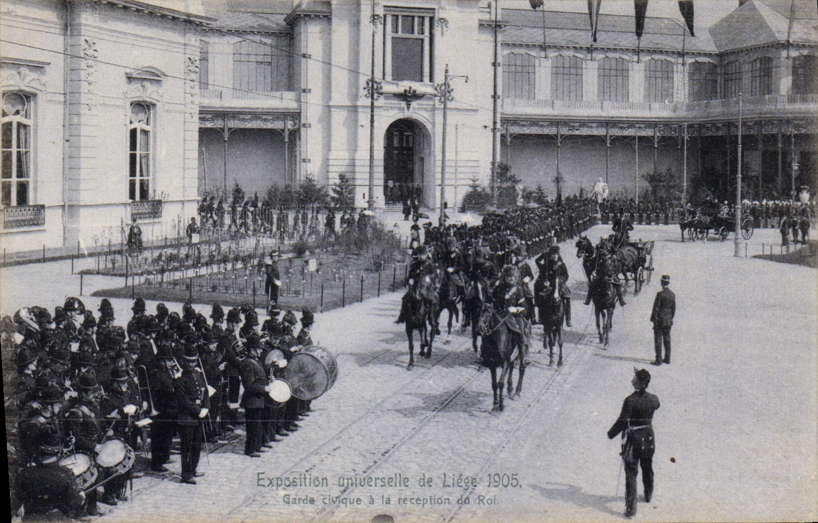 La feria de mundo de la POSTAL de la VENDIMIA de Lieja 1905 mantiene cívico con la recepción del rey
