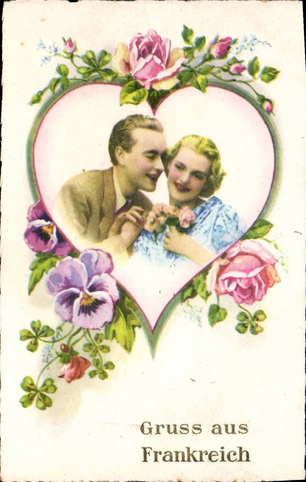 VINTAGE POSTCARD Gruss Aus Frankreich Woman Flowers