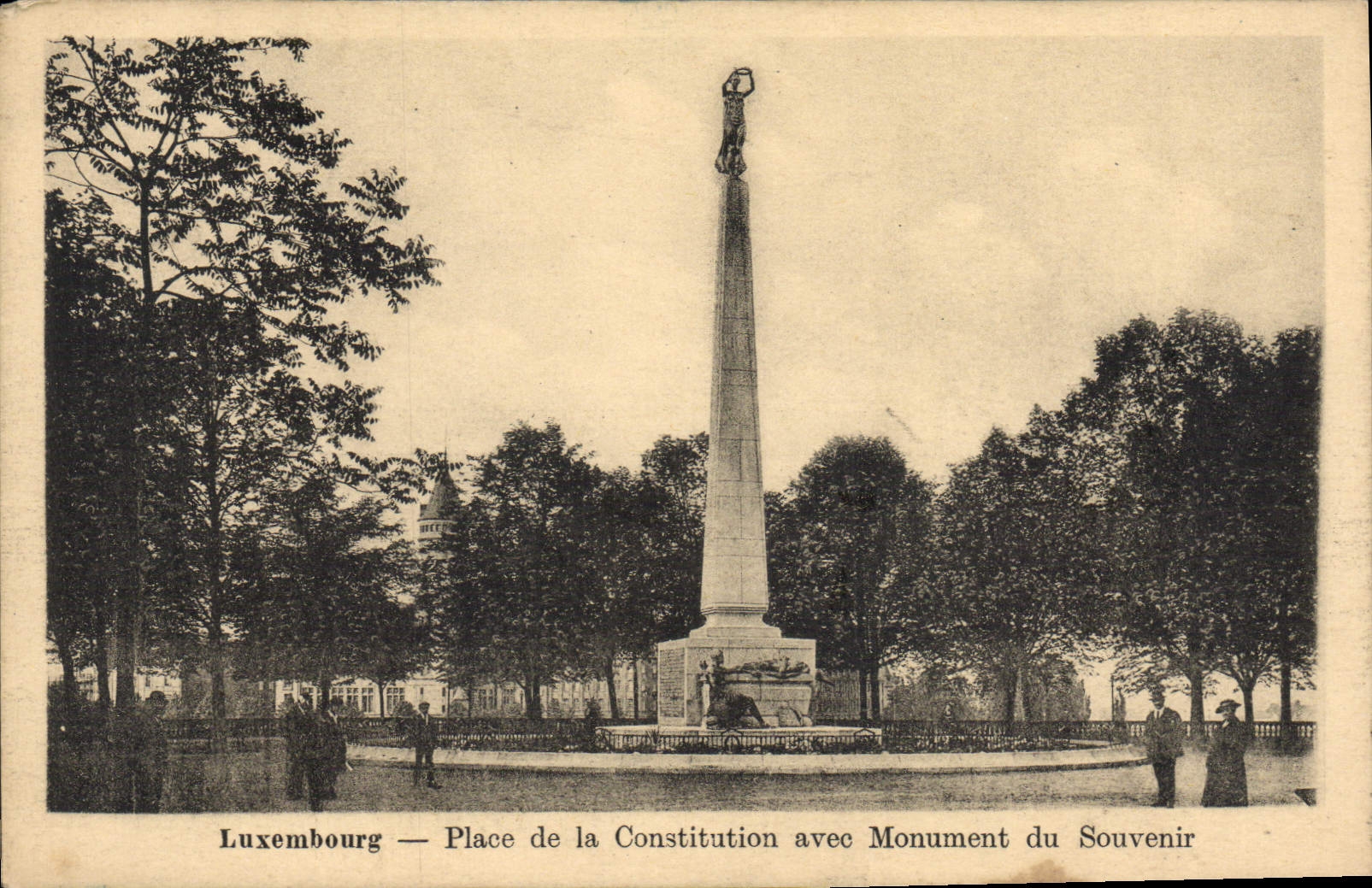 VINTAGE POSTCARD Luxembourg Places Constitution With Monument Of the Souvenir