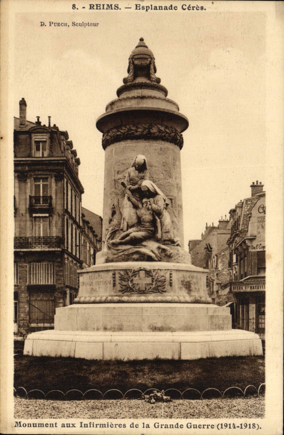 VINTAGE POSTCARD Rheims Esplanade Ceres Monument with the nurses of the Militaria Great War