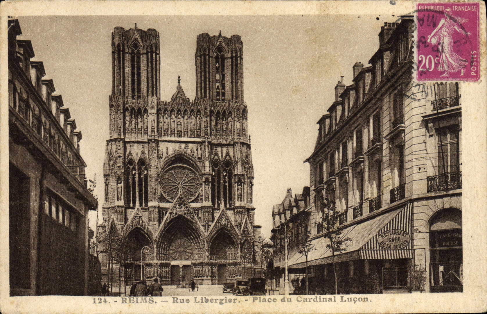 CPA Reims Rue Libergier Place Du Cardinal Lucon Restaurant Cafe de la Bourse