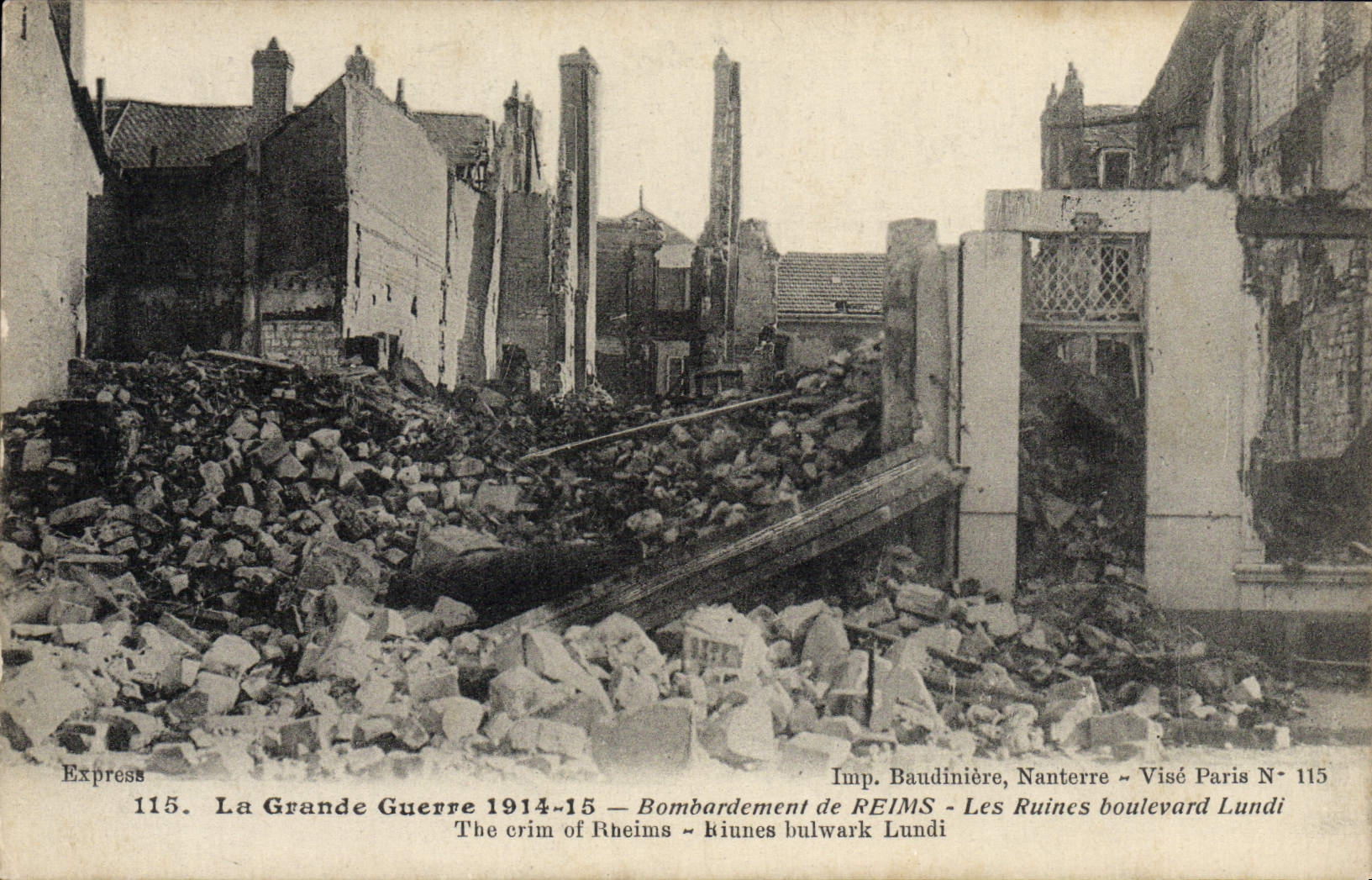 VINTAGE POSTCARD the Great War Bombardment Of Rheims the Ruins Boulevard Militaria Monday
