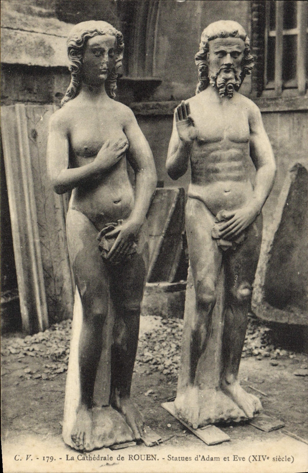 VINTAGE POSTCARD the Cathedral Of Rouen Statues Of Adam And Eve