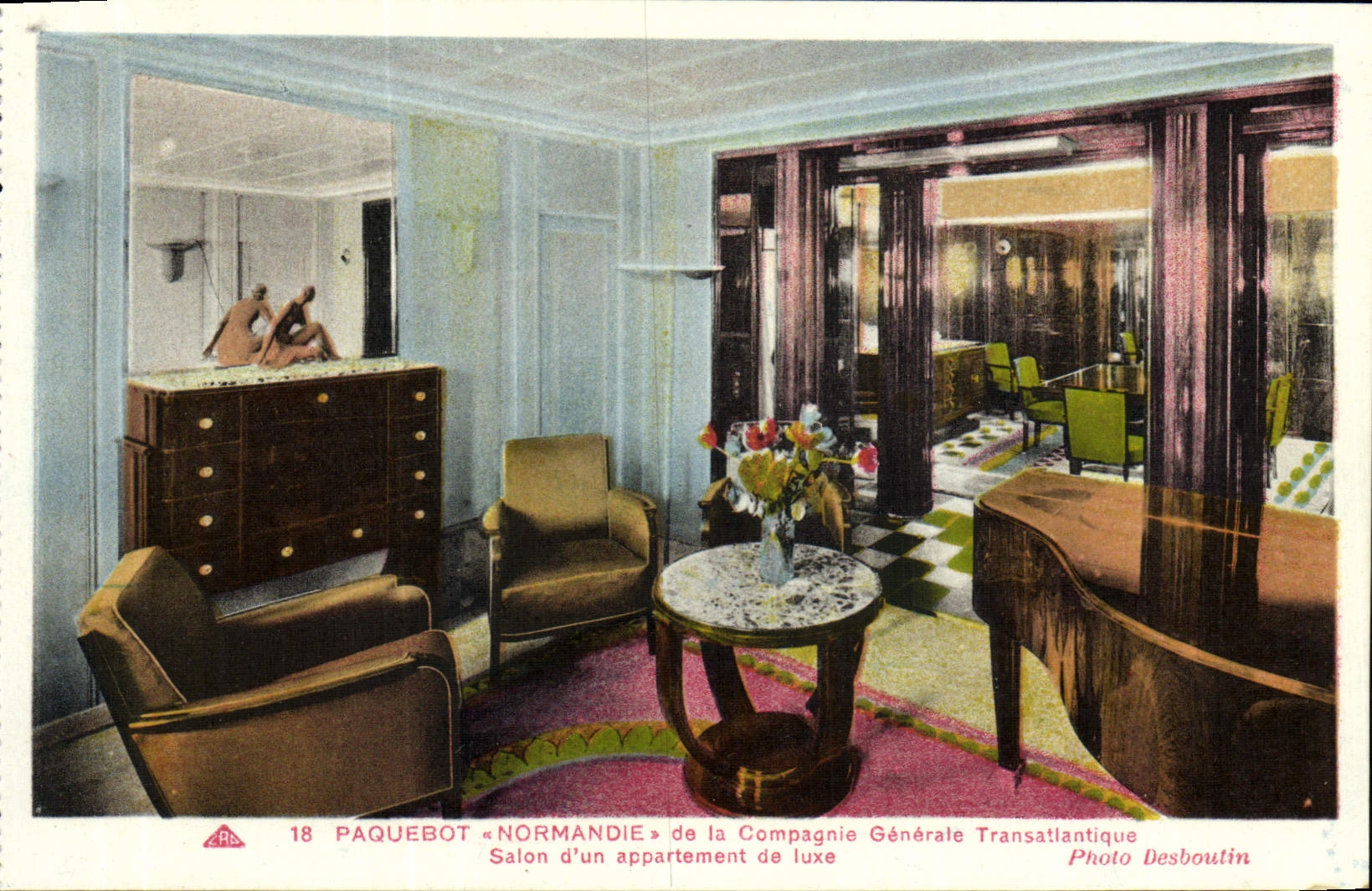 VINTAGE POSTCARD Normandy Steamer of the General Company Transatlantic Living room of an apartment of luxury