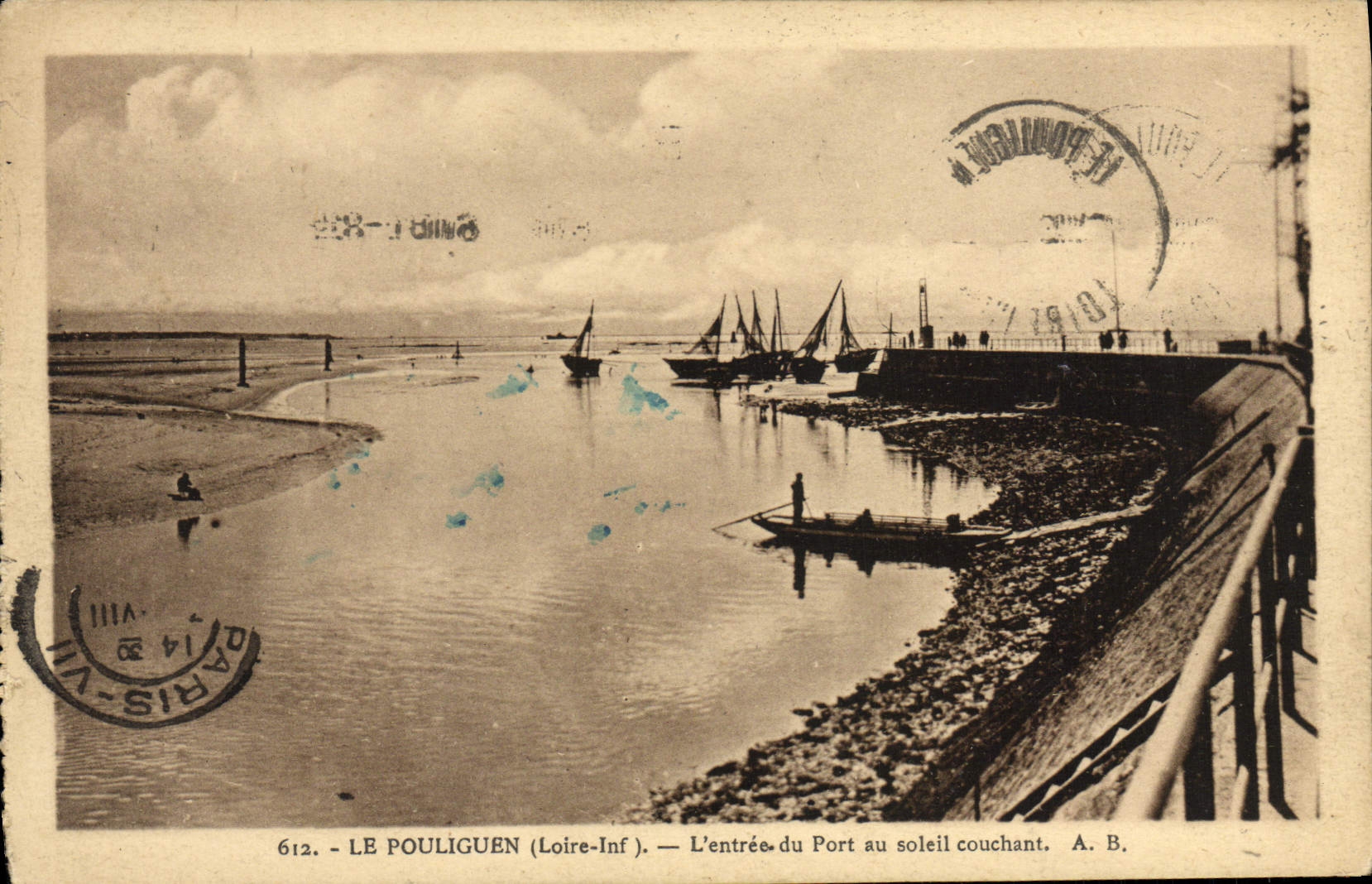 VINTAGE POSTCARD Pouliguen the Entry of Port to the Setting Sun Boats