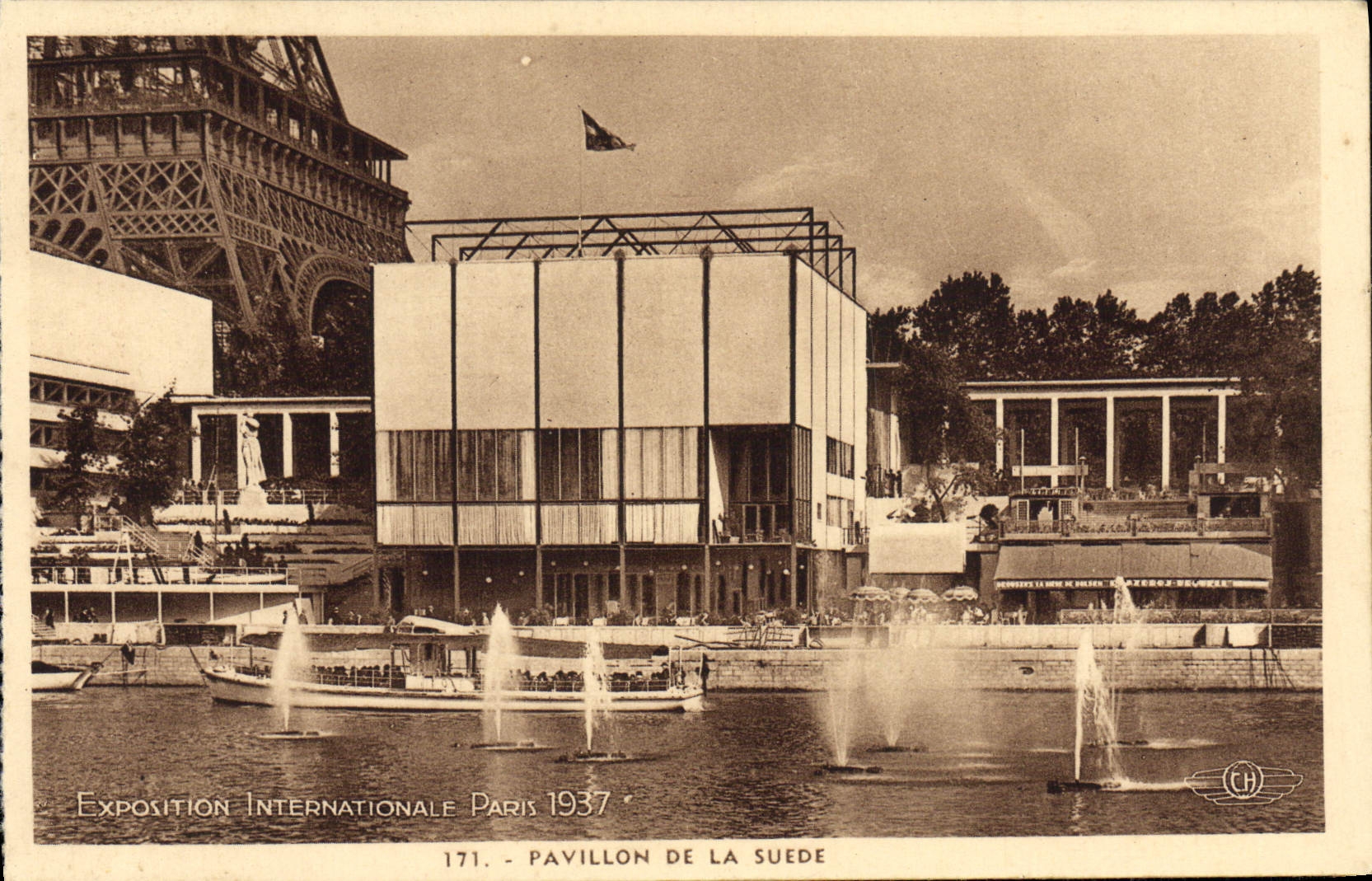 VINTAGE POSTCARD International exhibition Paris 1937 House Of Sweden Eiffel Tower