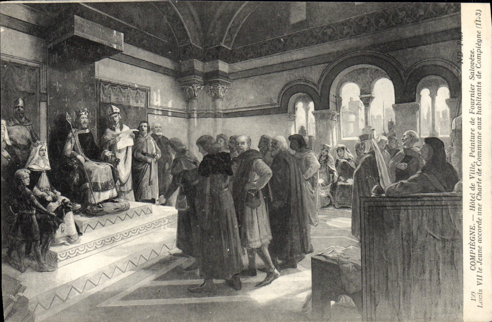 La pintura del ayuntamiento de Compiegne de la POSTAL de la VENDIMIA del panadero Saloveze Louis VII la persona joven concede una carta de la comuna