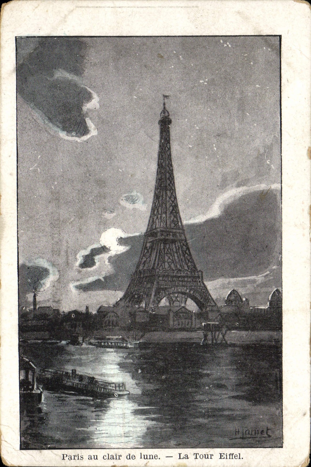 VINTAGE POSTCARD Paris With the Moonlight the Eiffel Tower