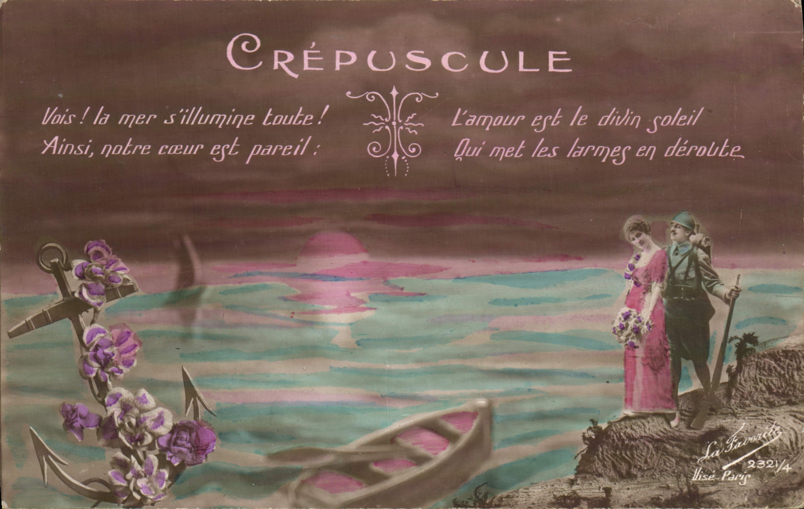 VINTAGE POSTCARD Twilight Woman Soldier militaria Anchor