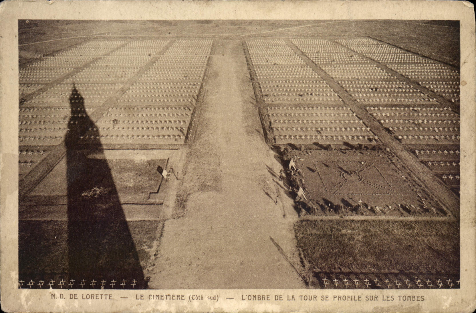 VINTAGE POSTCARD ND De Lorette the Cemetery the shade of the tower is profiled on the tombs