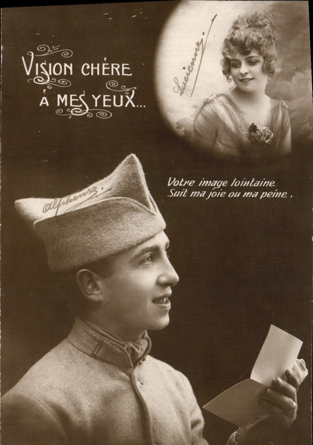 VINTAGE POSTCARD Fantaisie Woman Soldier Man Dear Vision has My Yeux