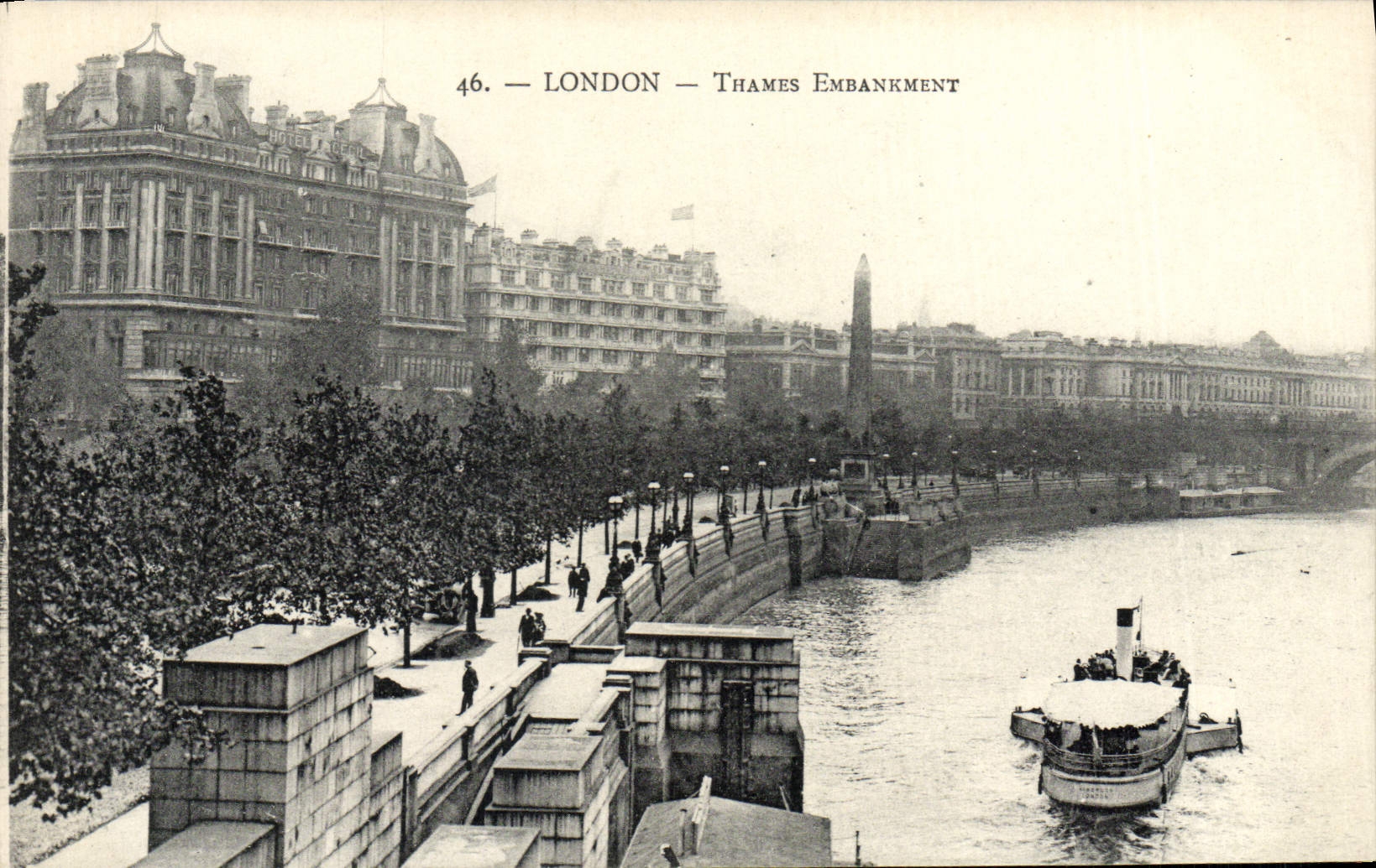 Barco del terraplén de Londres Thames de la POSTAL de la VENDIMIA
