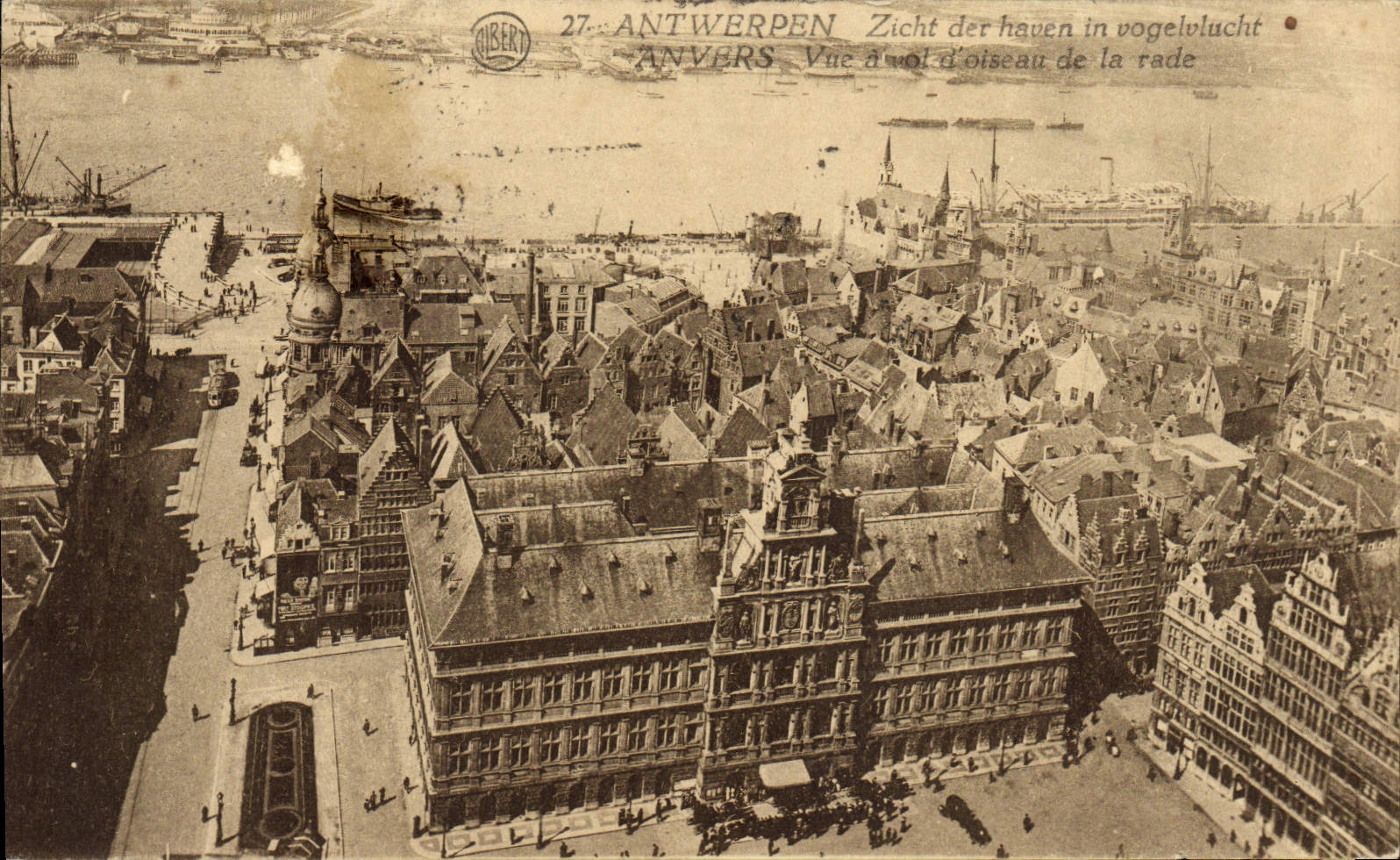 La POSTAL Amberes de la VENDIMIA vista como el cuervo vuela de los caminos