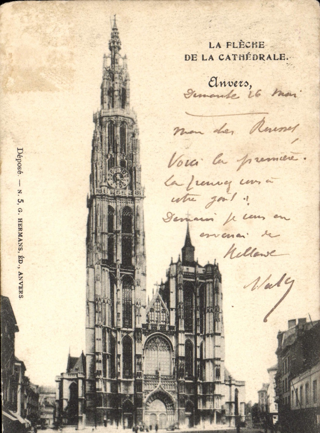 POSTAL de la VENDIMIA la flecha de la catedral de Amberes