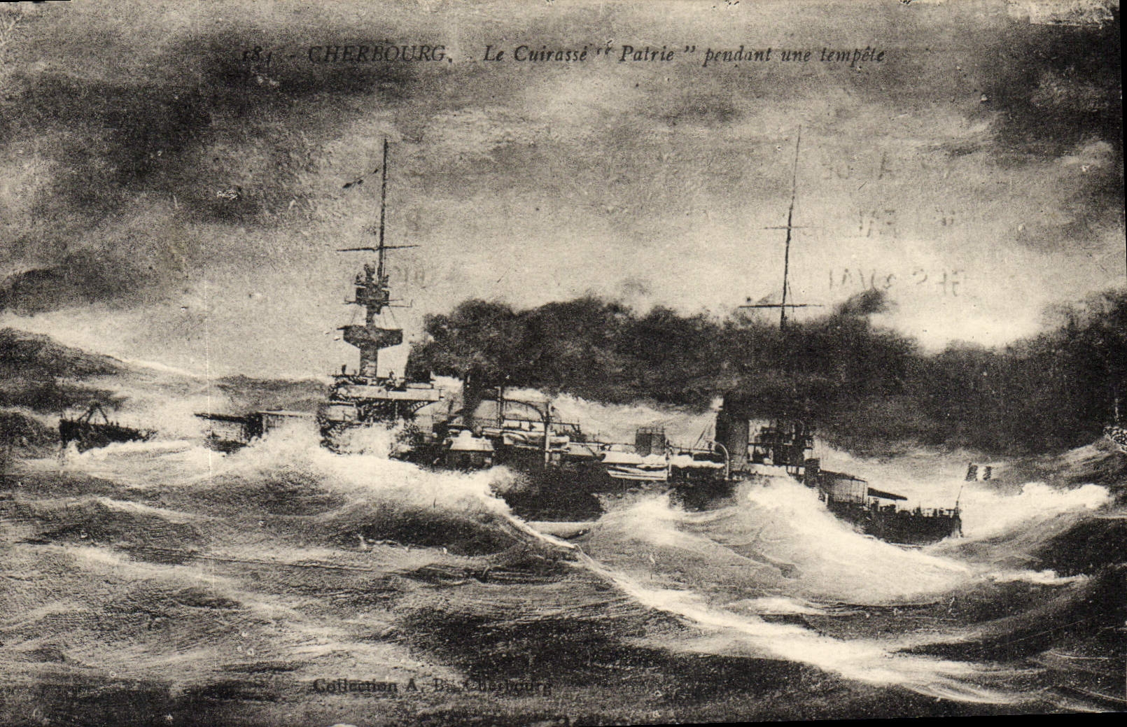 POSTAL Cherbourg de la VENDIMIA la armadura de Patrie durante un barco de tormenta