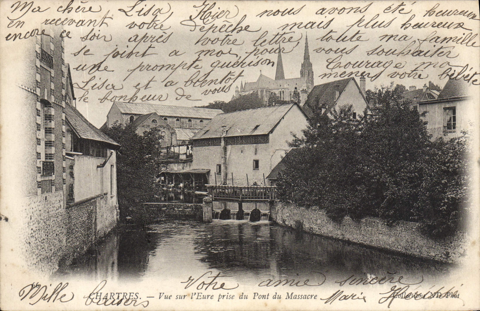POSTAL Chartres de la VENDIMIA vista en Evre tomado del puente de la masacre