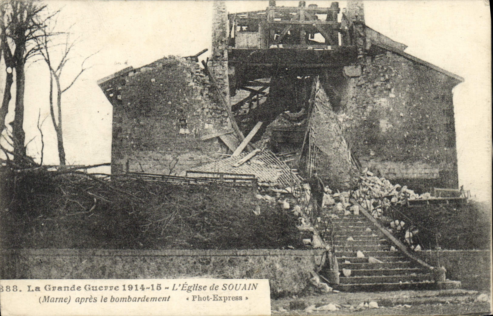 VINTAGE POSTCARD the church of Souain after the Militaria bombardment