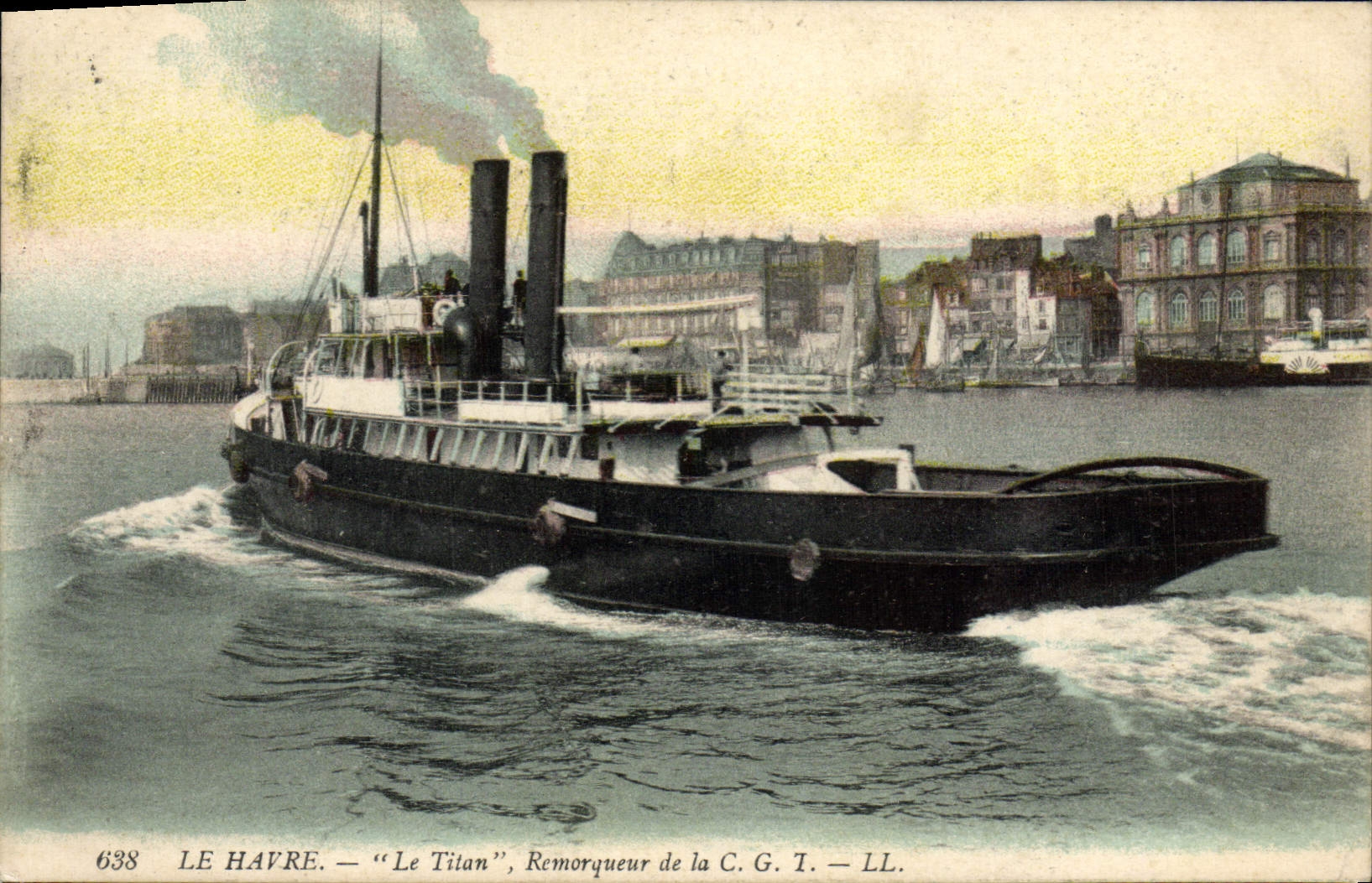Barco del tirón de Le Havre de la POSTAL de la VENDIMIA del titán de CGT