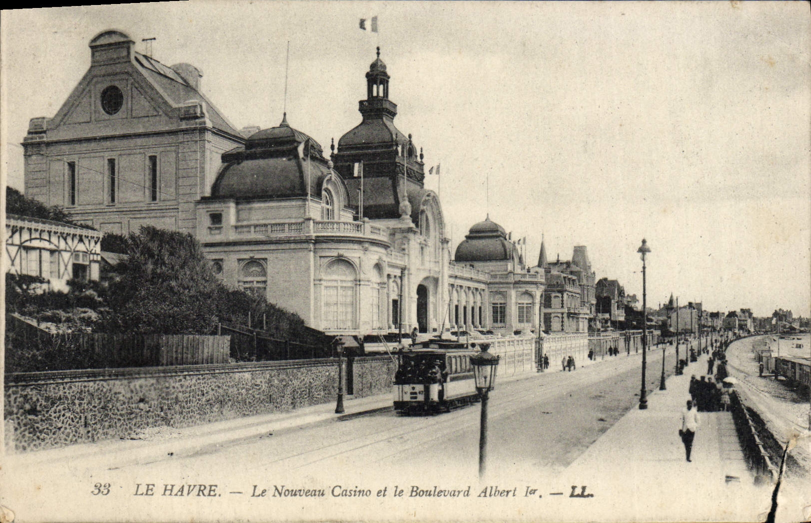 POSTAL Le Havre de la VENDIMIA el nuevo casino y tranvía de Albert del bulevar la 1ra
