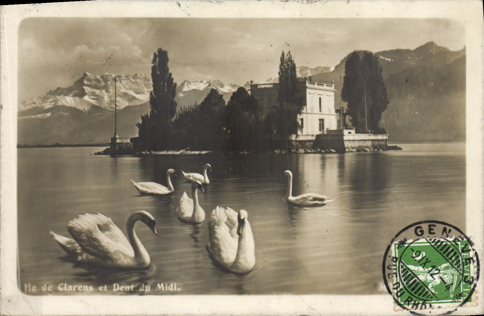 VINTAGE POSTCARD Islands of Clarens and dent du midi Swans