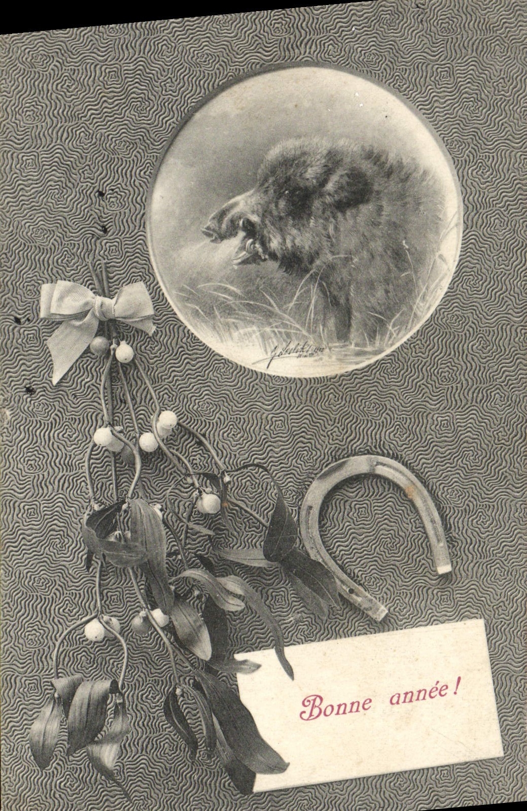VINTAGE POSTCARD Fantaisie Happy New Year Wild boar Horseshoe