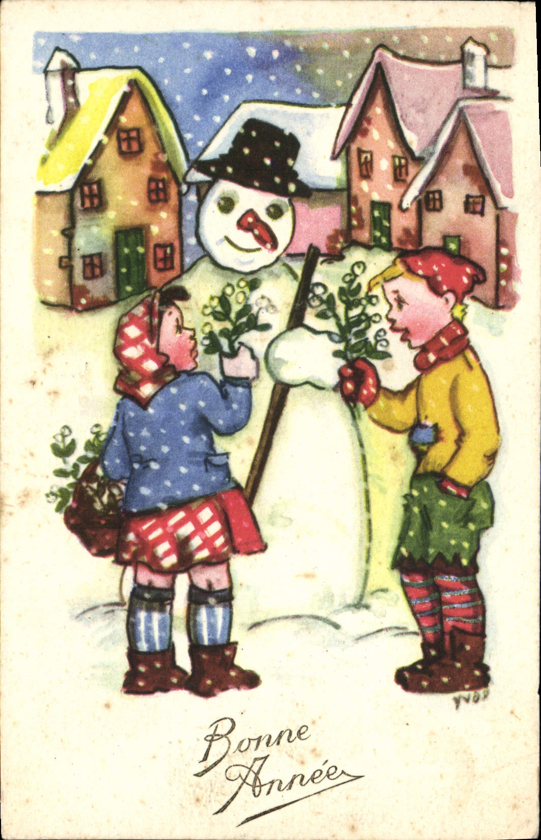 CPA Fantaisie Bonne Annee Bonhomme de neige 