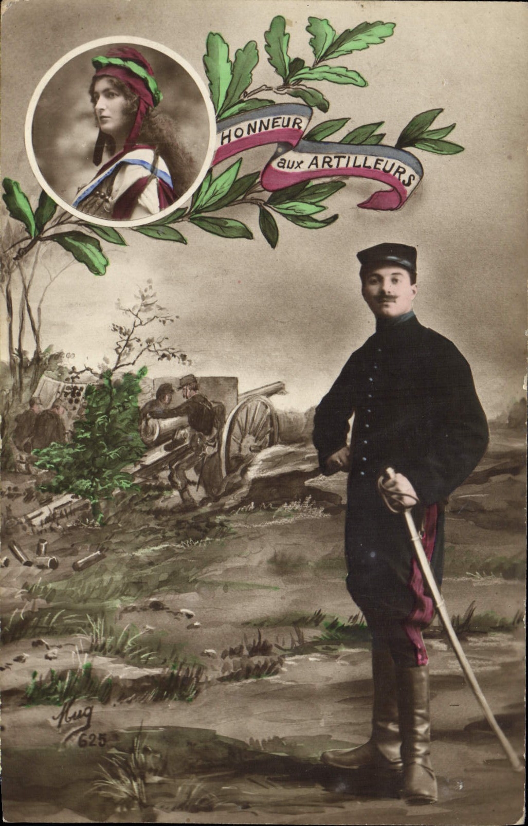 CPA Fantaisie Femme Soldat Militaria Marianne Artilleurs