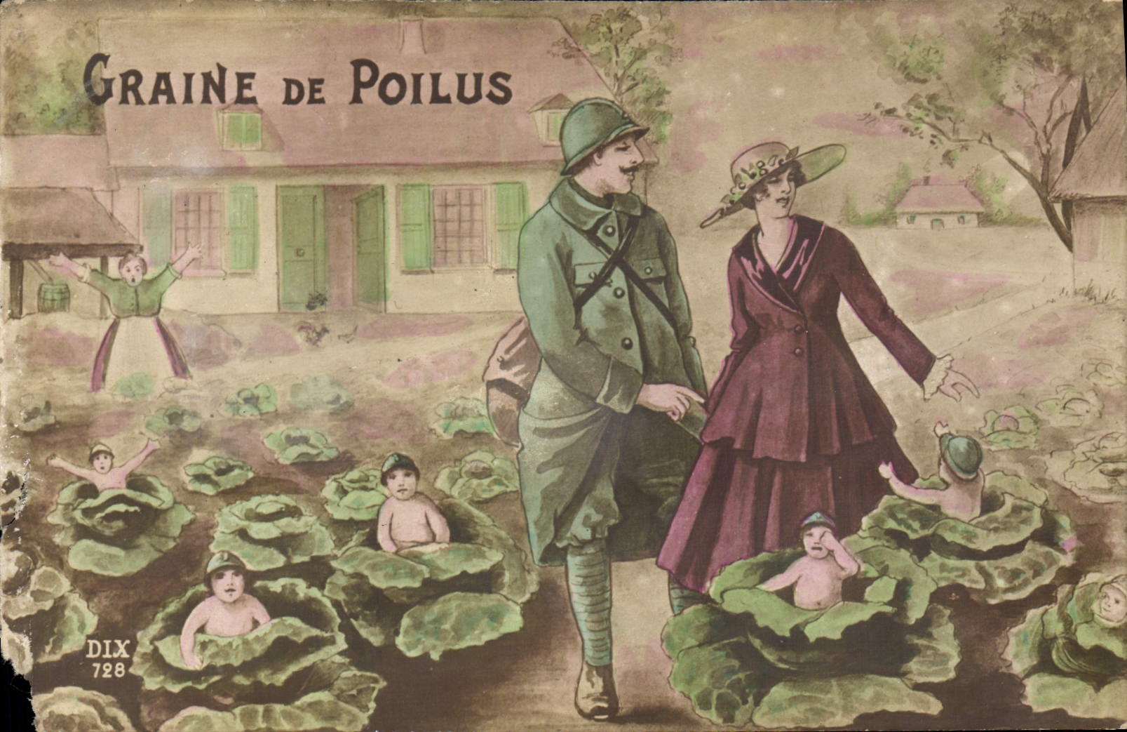 VINTAGE POSTCARD Fantaisie Woman Militaria Soldier Granulates the Hairy ones