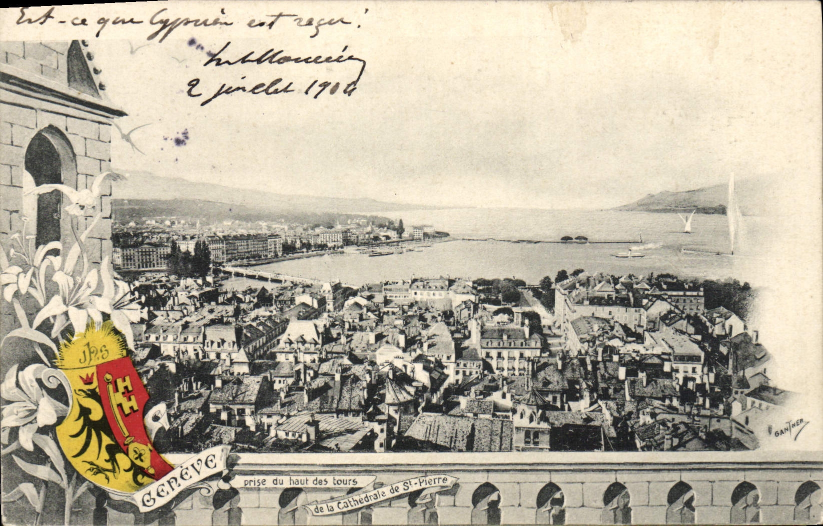 VINTAGE POSTCARD Geneva taken top of the towers of the cathedral of St hones