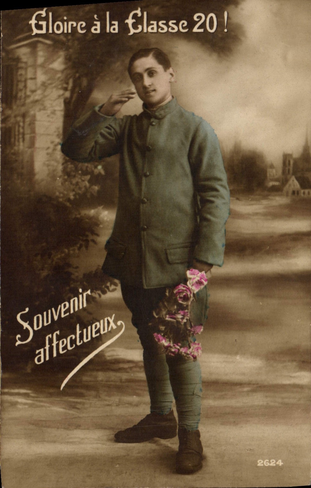 Gloria de la POSTAL de la VENDIMIA con el soldado de Militaria de la clase 20