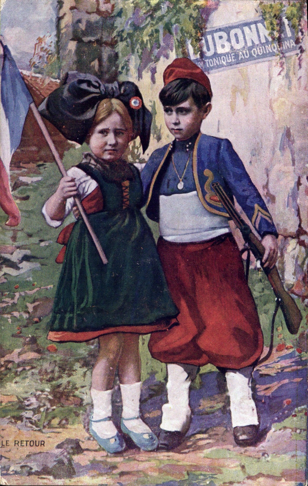 POSTAL de la VENDIMIA los niños de vuelta Militaria Alsacia Dubonnet