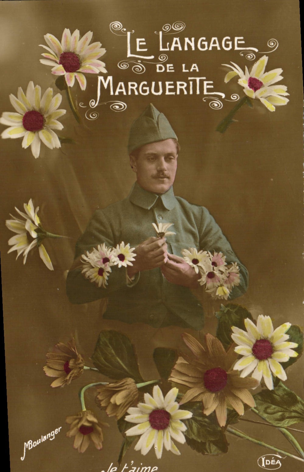 VINTAGE POSTCARD Fantasy Man Militaria Soldier the Language Of the Marguerite