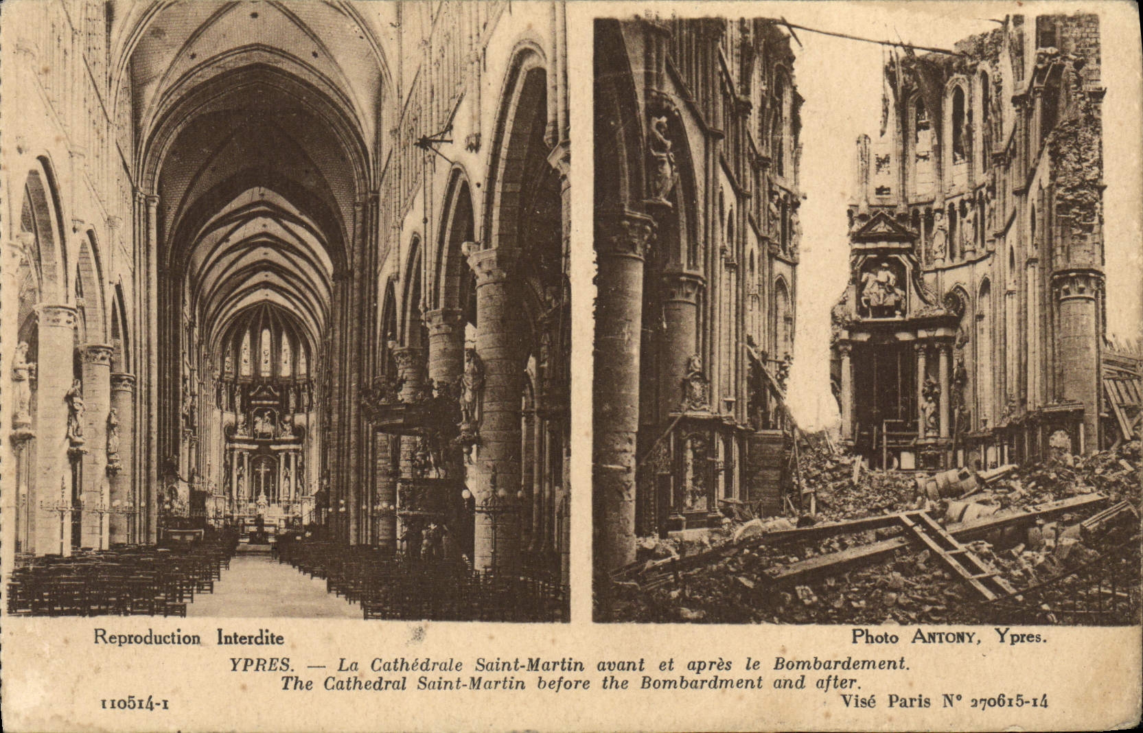 CPA Ypers La Cathedrale Saint Martin Avant et Apres le Bombardement Militaria
